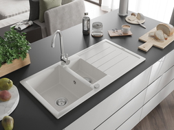 Mexen Andres fregadero de granito de 1,5 senos con escurridor 1000 x 500 mm, blanco, sifón cromado - 6515101510-20