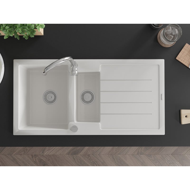 Mexen Andres lavello in granito 1,5 vasca con scolapiatti 1000 x 500 mm, bianco, sifone cromato - 6515101510-20