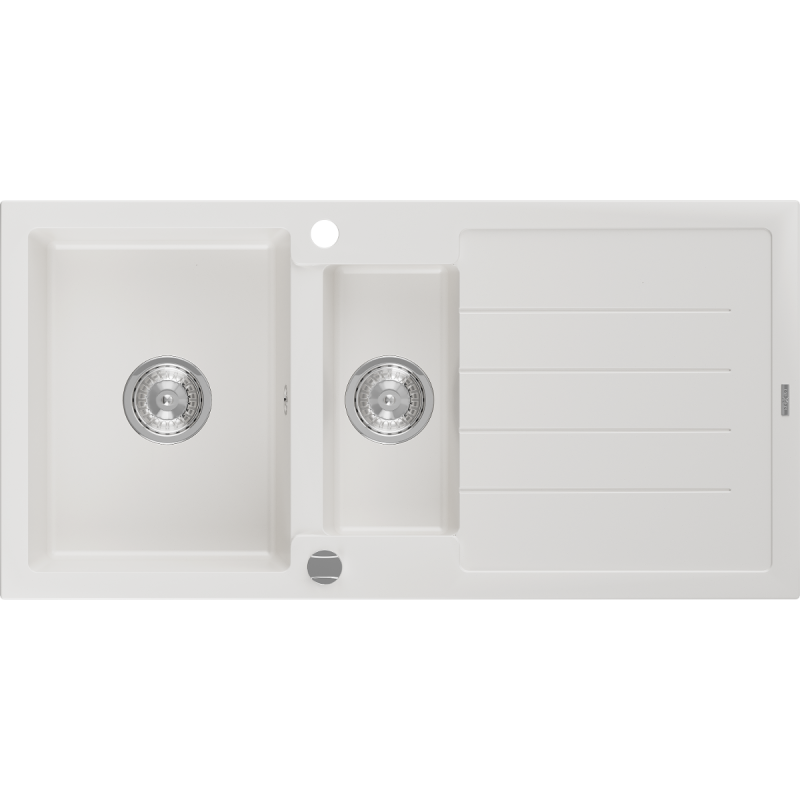 Mexen Andres granieten gootsteen 1,5-komoren met afdruiprek 1000 x 500 mm, wit, chroom sifon - 6515101510-20