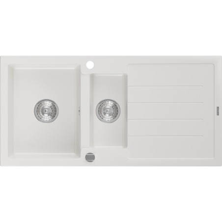 Mexen Andres granieten gootsteen 1,5-komoren met afdruiprek 1000 x 500 mm, wit, chroom sifon - 6515101510-20