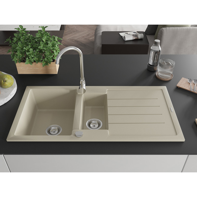Mexen Andres granitische spoelbak 1,5-komoren met afdruiprek 1000 x 500 mm, beige, chroom sifon - 6515101510-69