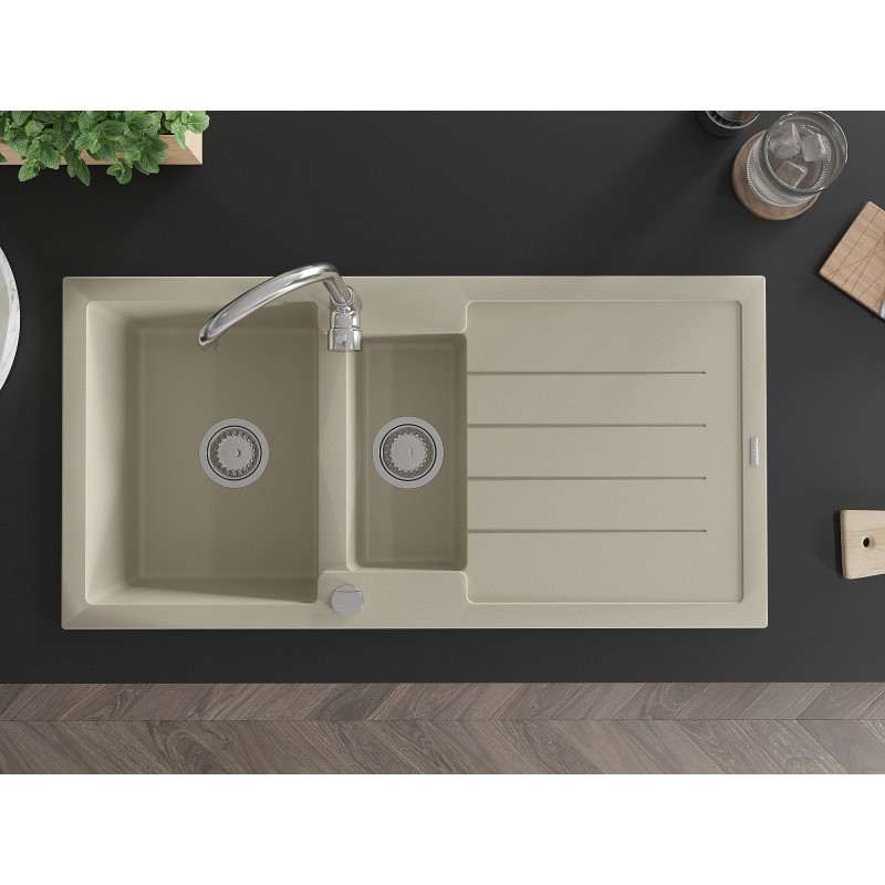 Mexen Andres granitische spoelbak 1,5-komoren met afdruiprek 1000 x 500 mm, beige, chroom sifon - 6515101510-69