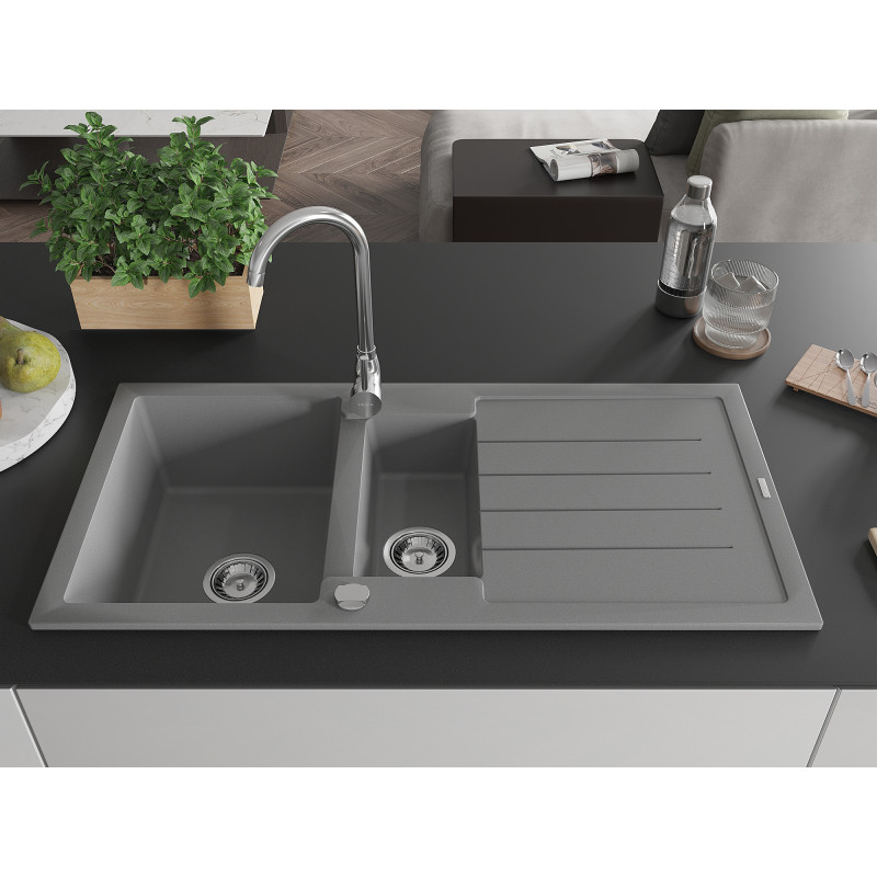 Mexen Andres granit izlietne 1,5 nodalījumu ar notecētāju 1000 x 500 mm, pelēka, hromēts sifons - 6515101510-71