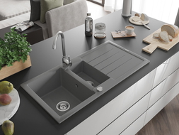 Mexen Andres granieten gootsteen 1,5-komorige met afdruiprek 1000 x 500 mm, grijs, chromen sifon - 6515101510-71