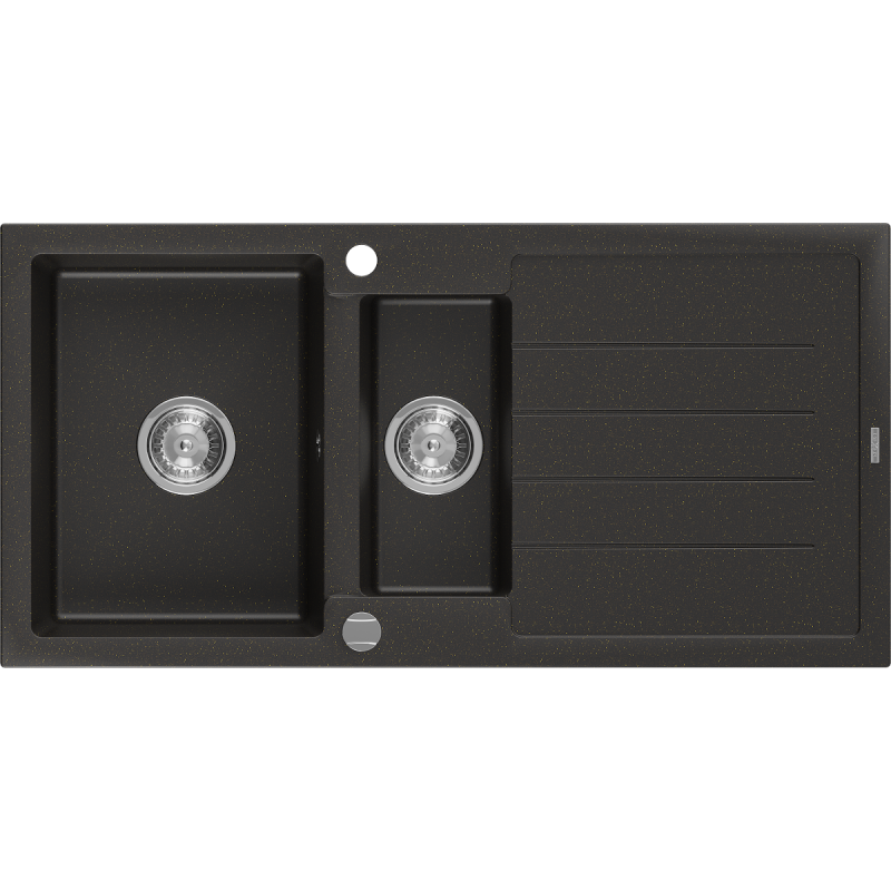 Mexen Andres fregadero de granito 1,5-tazas con escurridor 1000 x 500 mm, negro/oro metálico, sifón cromado - 6515101510-75