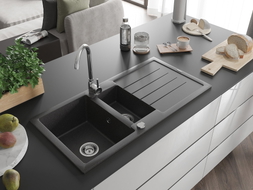Mexen Andres granit sink 1.5-bowl with drainer 1000 x 500 mm, black speckled, chrome siphon - 6515101510-76