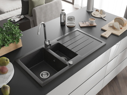 Mexen Andres Granitspüle 1,5-becken mit Abtropffläche 1000 x 500 mm, schwarz gesprenkelt, Siphon Chrom - 6515101510-76
