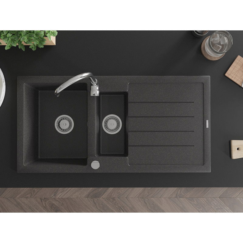 Mexen Andres évier en granit 1,5 bac avec égouttoir 1000 x 500 mm, noir moucheté, siphon chromé - 6515101510-76