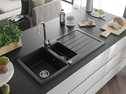 Mexen Andres Granitspüle 1,5-Becken mit Abtropffläche 1000 x 500 mm, schwarz, Siphon Chrom - 6515101510-77