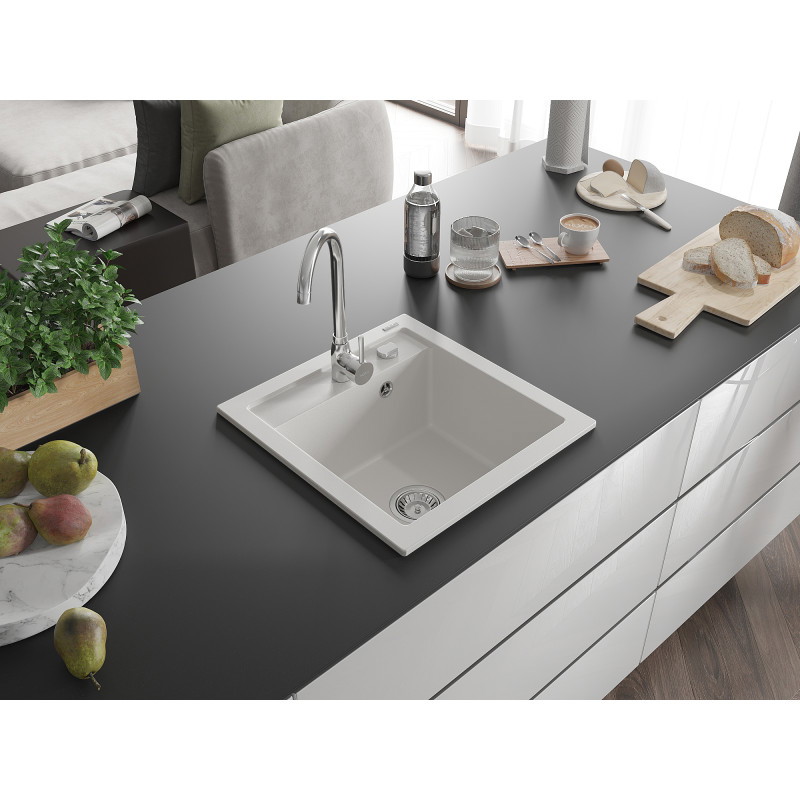 Mexen Vito Granitspüle 1-Becken 520 x 490 mm, weiß, Siphon Chrom - 6503521000-20
