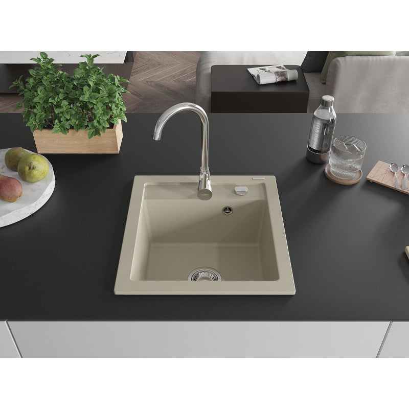 Mexen Vito granite sink 1-bowl 520 x 490 mm, beige, chrome siphon - 6503521000-69