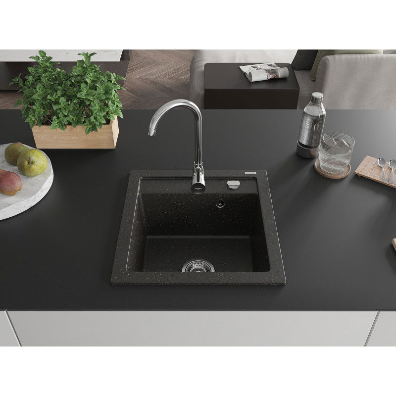 Mexen Vito évier en granit 1 bac 520 x 490 mm, noir/or métallisé, siphon chromé - 6503521000-75