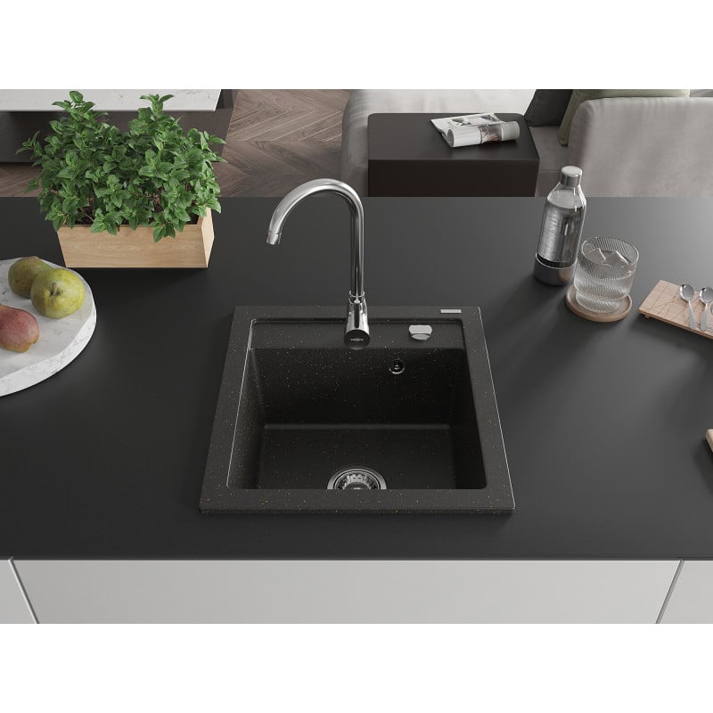 Mexen Vito fregadero de granito de 1 cubeta 520 x 490 mm, negro/dorado metálico, sifón cromado - 6503521000-75