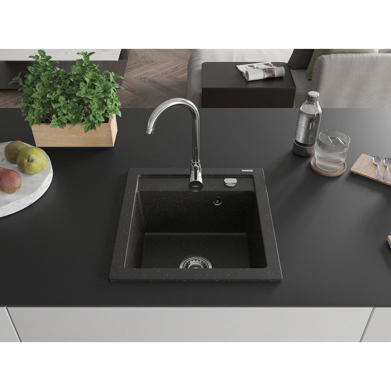 Mexen Vito granitische spoelbak 1-kamer 520 x 490 mm, zwart/gouden metallic, chromen sifon - 6503521000-75