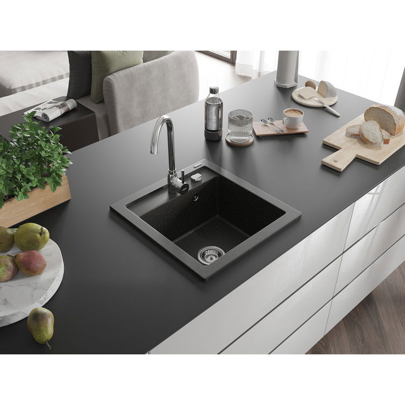 Mexen Vito lavello in granito a 1 vasca 520 x 490 mm, nero/oro metallizzato, sifone cromato - 6503521000-75