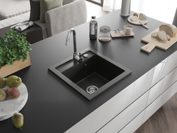Mexen Vito granite sink, 1-bowl, 520 x 490 mm, black/gold metallic, chrome siphon - 6503521000-75