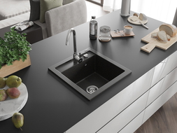 Mexen Vito Granitspüle 1-Becken 520 x 490 mm, schwarz/gold metallic, Chrom-Siphon - 6503521000-75