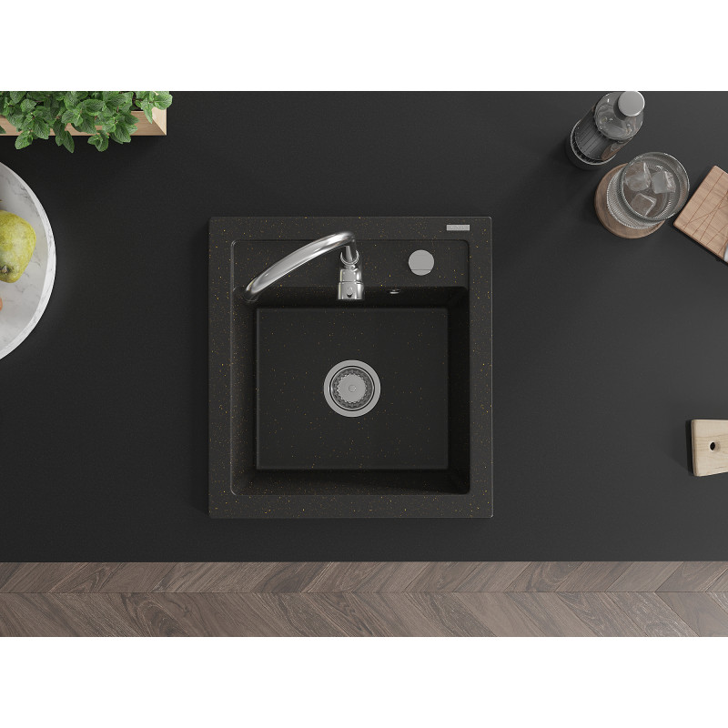 Mexen Vito évier en granit 1 bac 520 x 490 mm, noir/doré métallique, siphon chromé - 6503521000-75