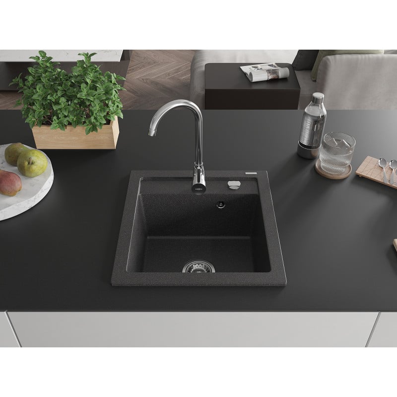 Mexen Vito Granite Sink 1-Bowl 520 x 490 mm, Black Speckled, Chrome Siphon - 6503521000-76