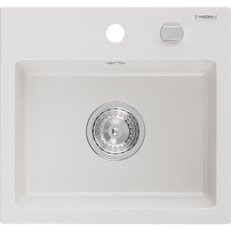Mexen Milo fregadero de granito de 1 cámara 435 x 410 mm, blanco, sifón cromo - 6505441000-20