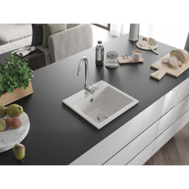Mexen Milo granit gootsteen 1-kamerig 435 x 410 mm, wit, chroom sifon - 6505441000-20