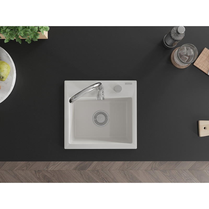 Mexen Milo fregadero de granito de 1 seno 435 x 410 mm, blanco, sifón cromado - 6505441000-20