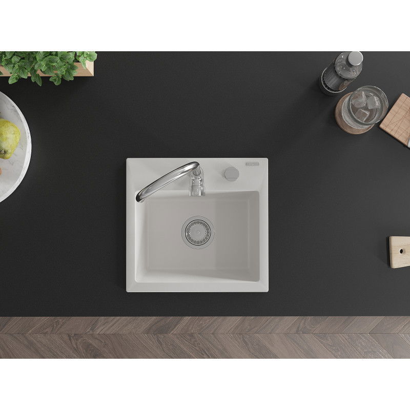 Mexen Milo granitā izlietne ar 1 nodalījumu 435 x 410 mm, balta, chromēts sifons - 6505441000-20