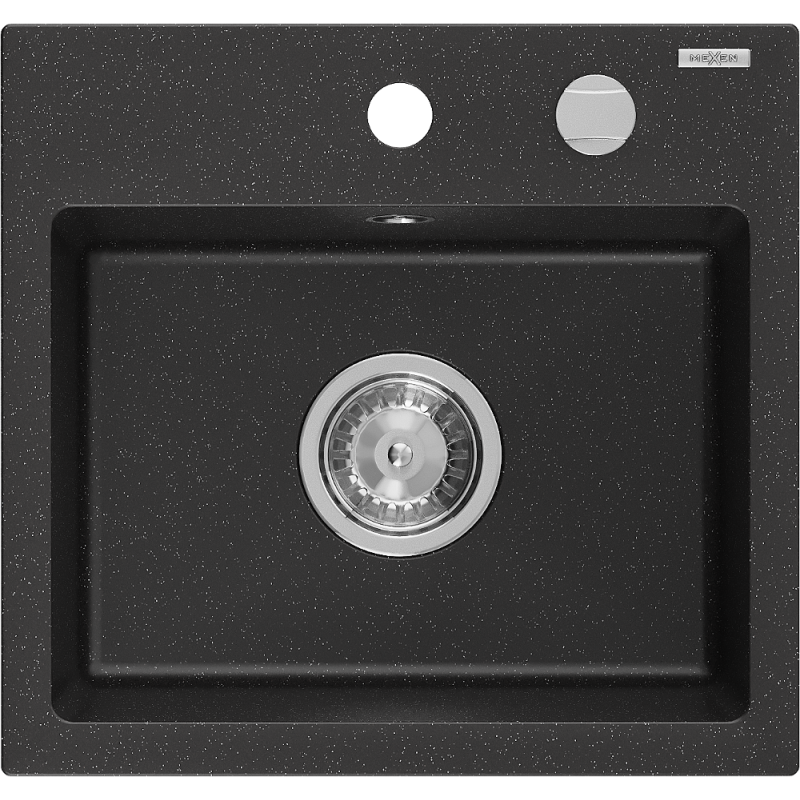 Mexen Milo granite sink 1-bowl 435 x 410 mm, black/silver metallic, chrome siphon - 6505441000-73
