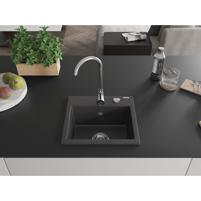 Mexen Milo Granitspüle 1-beckig 435 x 410 mm, schwarz gesprenkelt, Chrom-Siphon - 6505441000-76