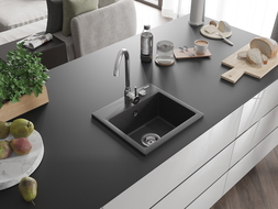 Mexen Milo granieten spoelbak 1-komoer 435 x 410 mm, zwart gespikkeld, chromen sifon - 6505441000-76