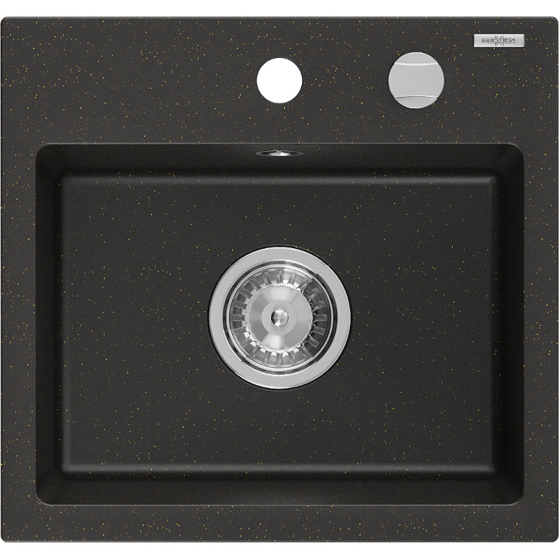 Mexen Milo 1-bowl Granite Sink 435 x 410 mm, Black/Gold Metallic, Chrome Siphon - 6505441000-75