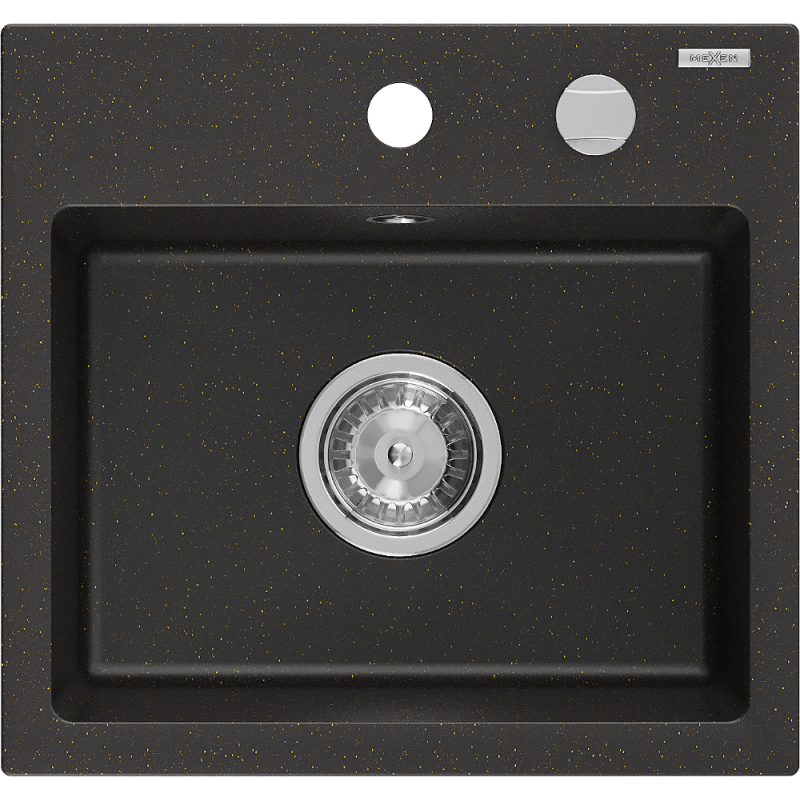 Mexen Milo yksiöinen graniittiallas 435 x 410 mm, musta/kulta metallihohto, kromi sifoni - 6505441000-75