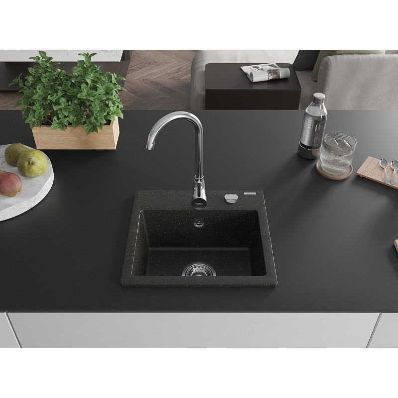 Mexen Milo évier de cuisine en granit à 1 bac 435 x 410 mm, noir/métallique doré, siphon chromé - 6505441000-75