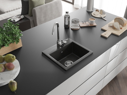 Mexen Milo yksiöinen graniittiallas 435 x 410 mm, musta/kulta metallihohto, kromi sifoni - 6505441000-75