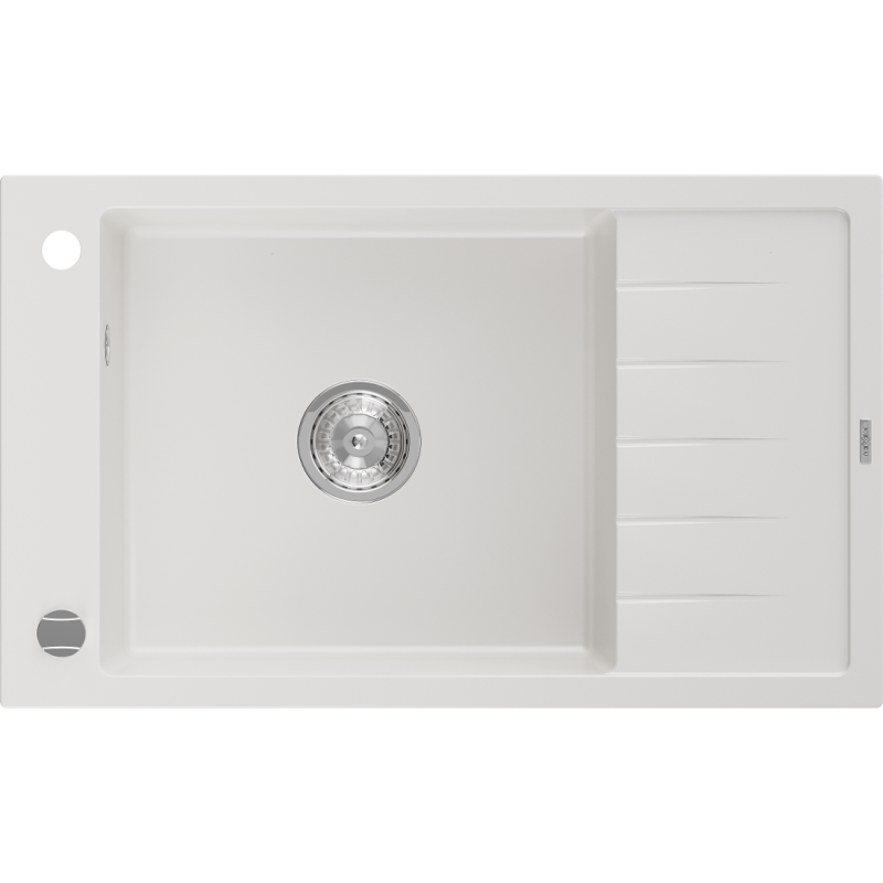 Mexen Elias lavello in granito a 1 vasca con scolapiatti 795 x 480 mm, bianco, sifone cromato - 6511791005-20