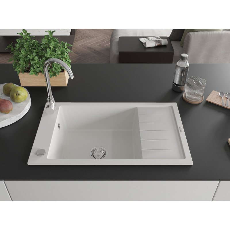 Mexen Elias Évier en granit à 1 bac avec égouttoir 795 x 480 mm, blanc, siphon chromé - 6511791005-20