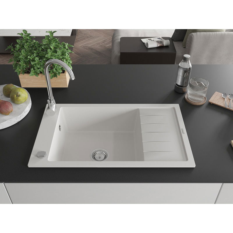 Mexen Elias lavello in granito 1-vasca con sgocciolatoio 795 x 480 mm, bianco, sifone cromato - 6511791005-20