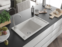 Mexen Elias granit diskbänk 1-ho med avrinningsyta 795 x 480 mm, vit, krom avloppsventil - 6511791005-20