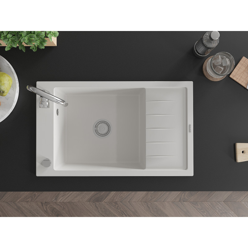 Mexen Elias granitische spoelbak met 1 bak en afdruiprek 795 x 480 mm, wit, chromen sifon - 6511791005-20
