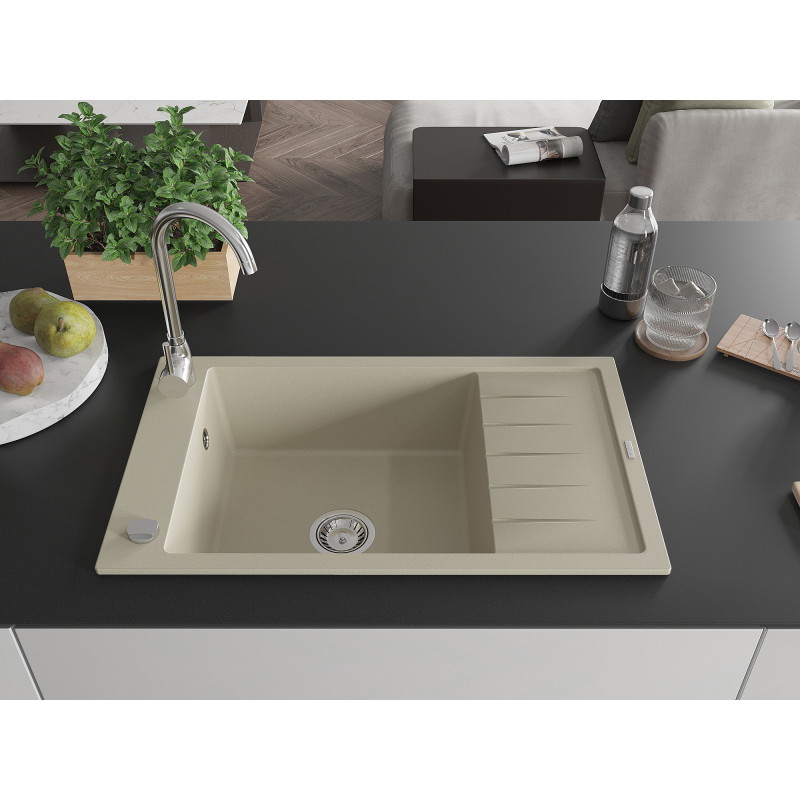 Mexen Elias évier en granit 1 bac avec égouttoir 795 x 480 mm, beige, siphon chromé - 6511791005-69
