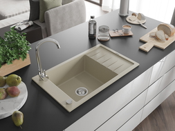 Mexen Elias granieten gootsteen 1-komorige met druiprek 795 x 480 mm, beige, chrom sifon - 6511791005-69