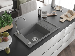 Mexen Elias Granitspüle 1-Becken mit Abtropffläche 795 x 480 mm, grau, Chrom-Siphon - 6511791005-71
