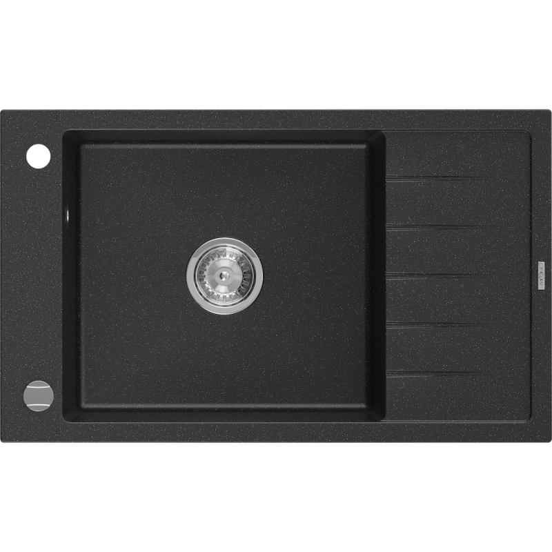 Mexen Elias Granitspüle 1-Becken mit Abtropffläche 795 x 480 mm, schwarz/silber metallic, Chrom-Siphon - 6511791005-73