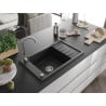 Mexen Elias Granitspüle 1-Becken mit Abtropffläche 795 x 480 mm, schwarz/silber metallic, Chrom-Siphon - 6511791005-73
