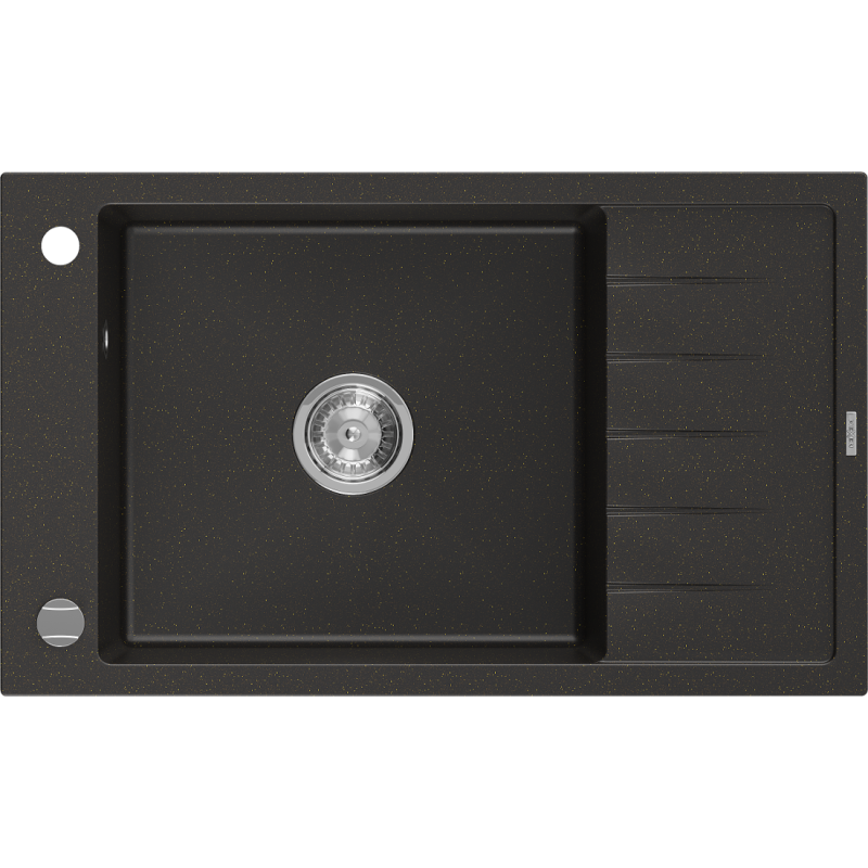 Mexen Elias fregadero de granito de 1 cubeta con escurridor 795 x 480 mm, negro/dorado metálico, sifón cromado - 6511791005-75