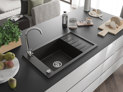 Mexen Elias granieten spoelbak 1-kompartment met druiprek 795 x 480 mm, zwart/goud metallic, chrom sifon - 6511791005-75