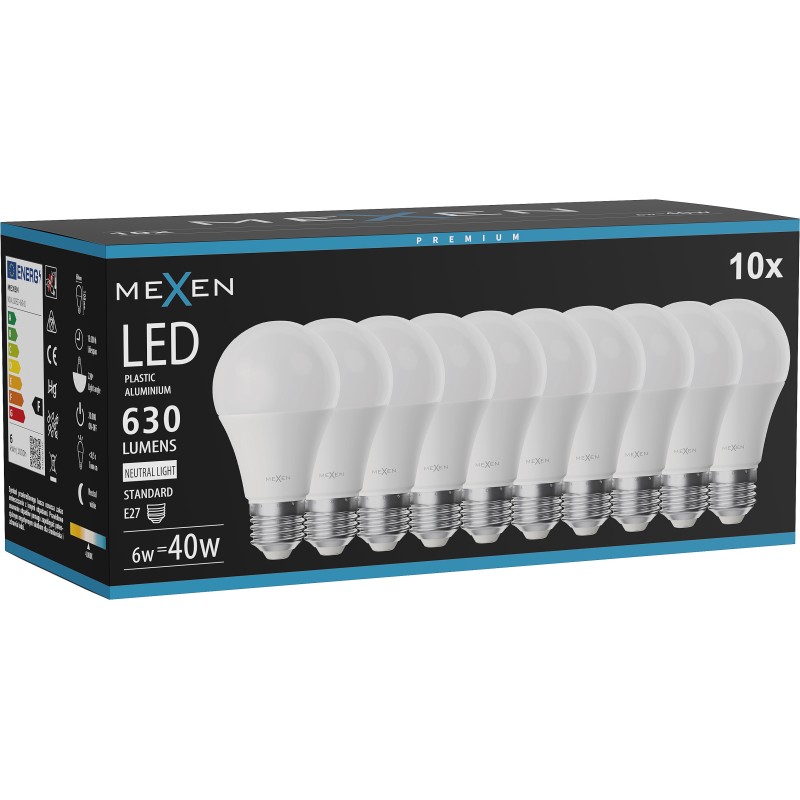 Mexen Nova 10x żarówka LED E27, A60, 6W, Neutralna  - 4000K, 630 lm - L100-E27-0640-01x10