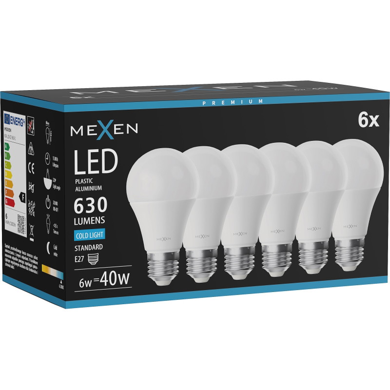 Mexen Nova 10x LED-lampa E27, A60, 6W, Kall - 6500K, 630 lm - L100-E27-0665-01x10