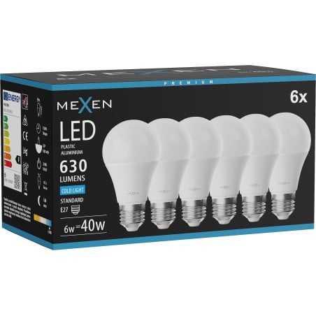 Mexen Nova 10x LED-lampa E27, A60, 6W, Kall - 6500K, 630 lm - L100-E27-0665-01x10