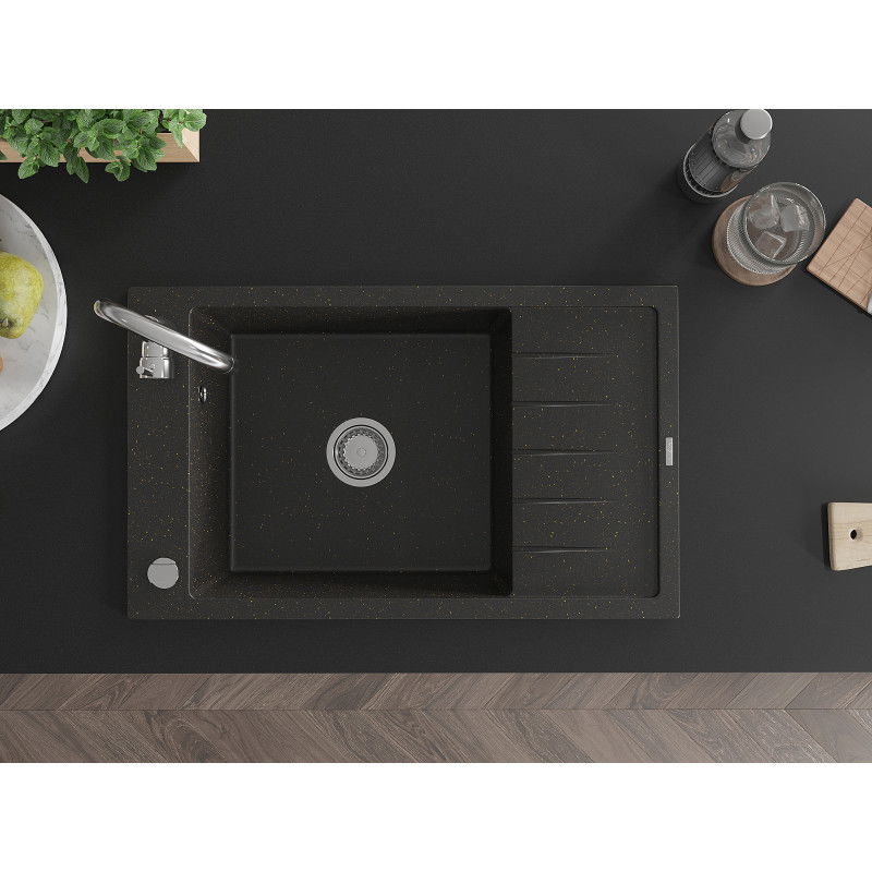 Mexen Elias lavello in granito a 1 vasca con sgocciolatoio 795 x 480 mm, nero/oro metallizzato, sifone cromato - 6511791005-75